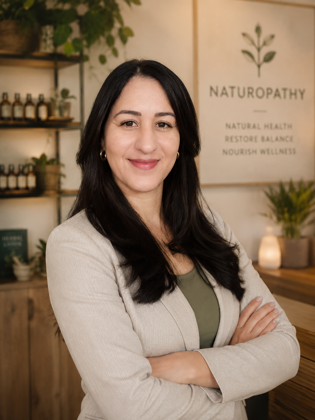 Manuela Silva no consultório de naturopatia