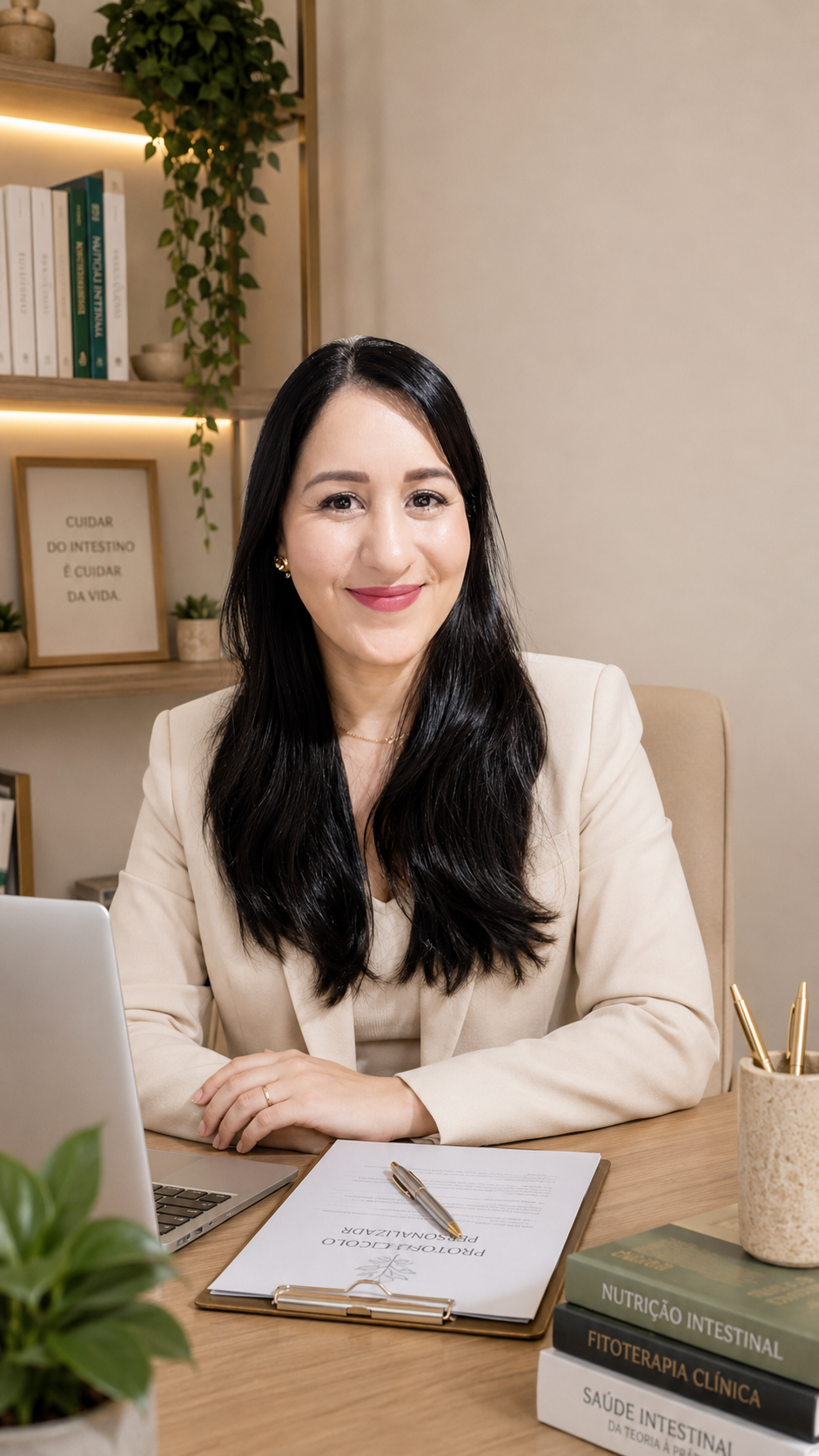 Manuela Silva, naturopata, sorrindo em seu consultório